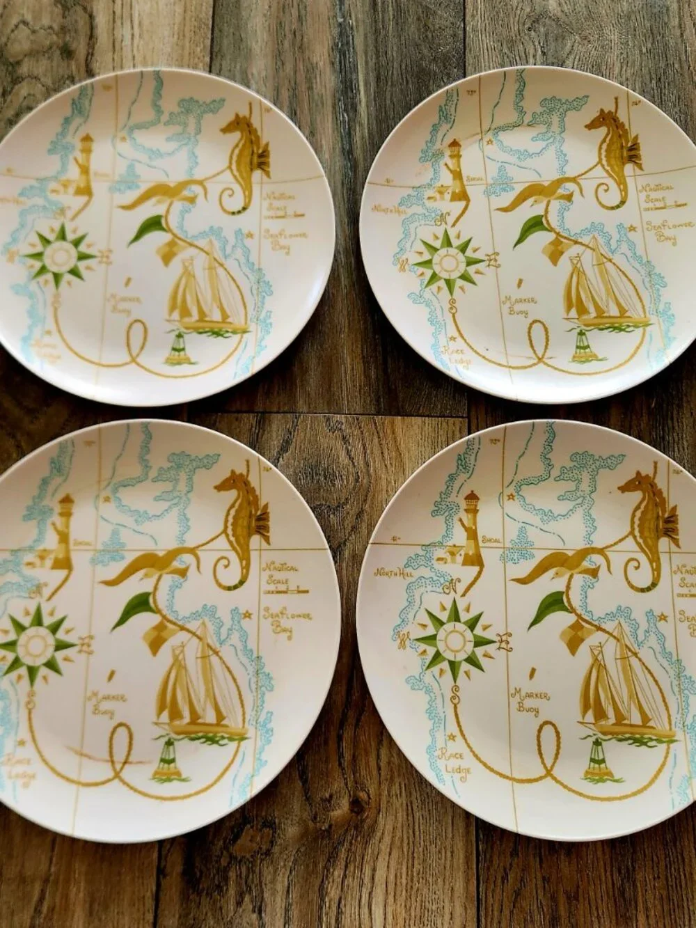 vintage melamine dishes nautical seahorse Boontonware set of 4